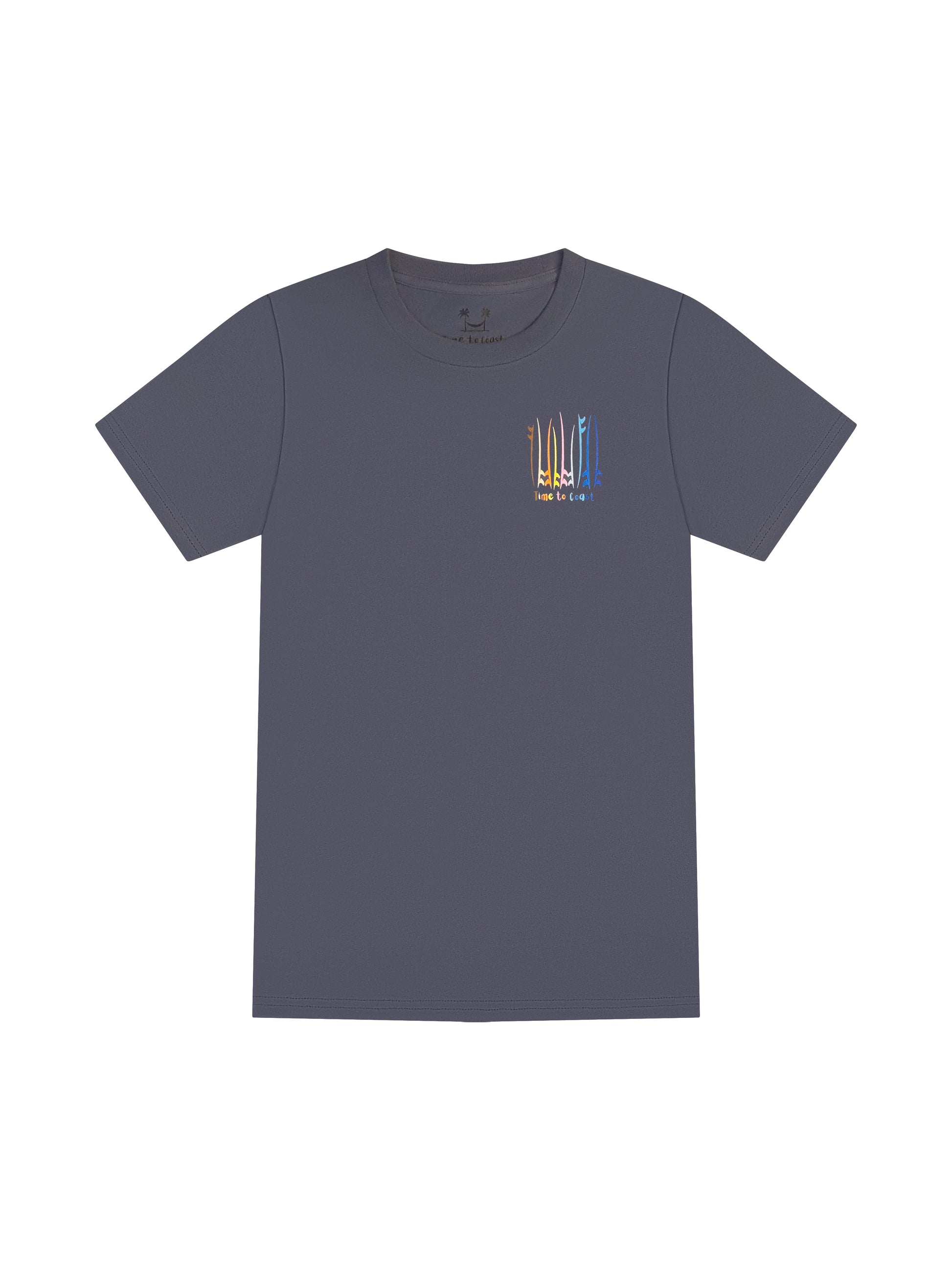 Gray blue laydown of a unisex  graphic  t-shirt in organic cotton made in USA. Homegrown t-shirt shown with left chest graphic multi color surf and sup boards with Time to Coast Logo.  