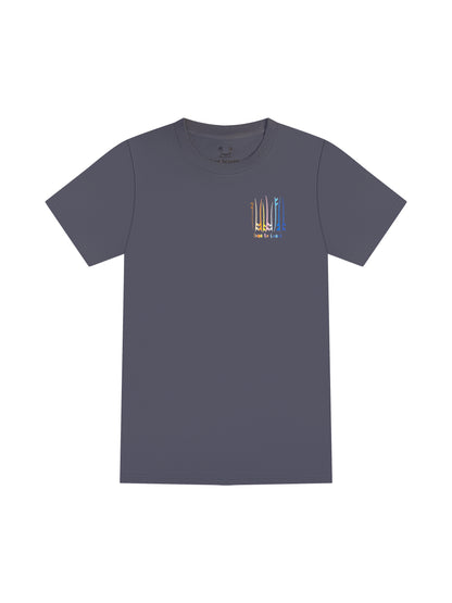 Gray blue laydown of a unisex  graphic  t-shirt in organic cotton made in USA. Homegrown t-shirt shown with left chest graphic multi color surf and sup boards with Time to Coast Logo.  