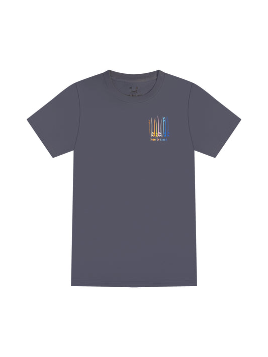 Gray blue laydown of a unisex  graphic  t-shirt in organic cotton made in USA. Homegrown t-shirt shown with left chest graphic multi color surf and sup boards with Time to Coast Logo.  