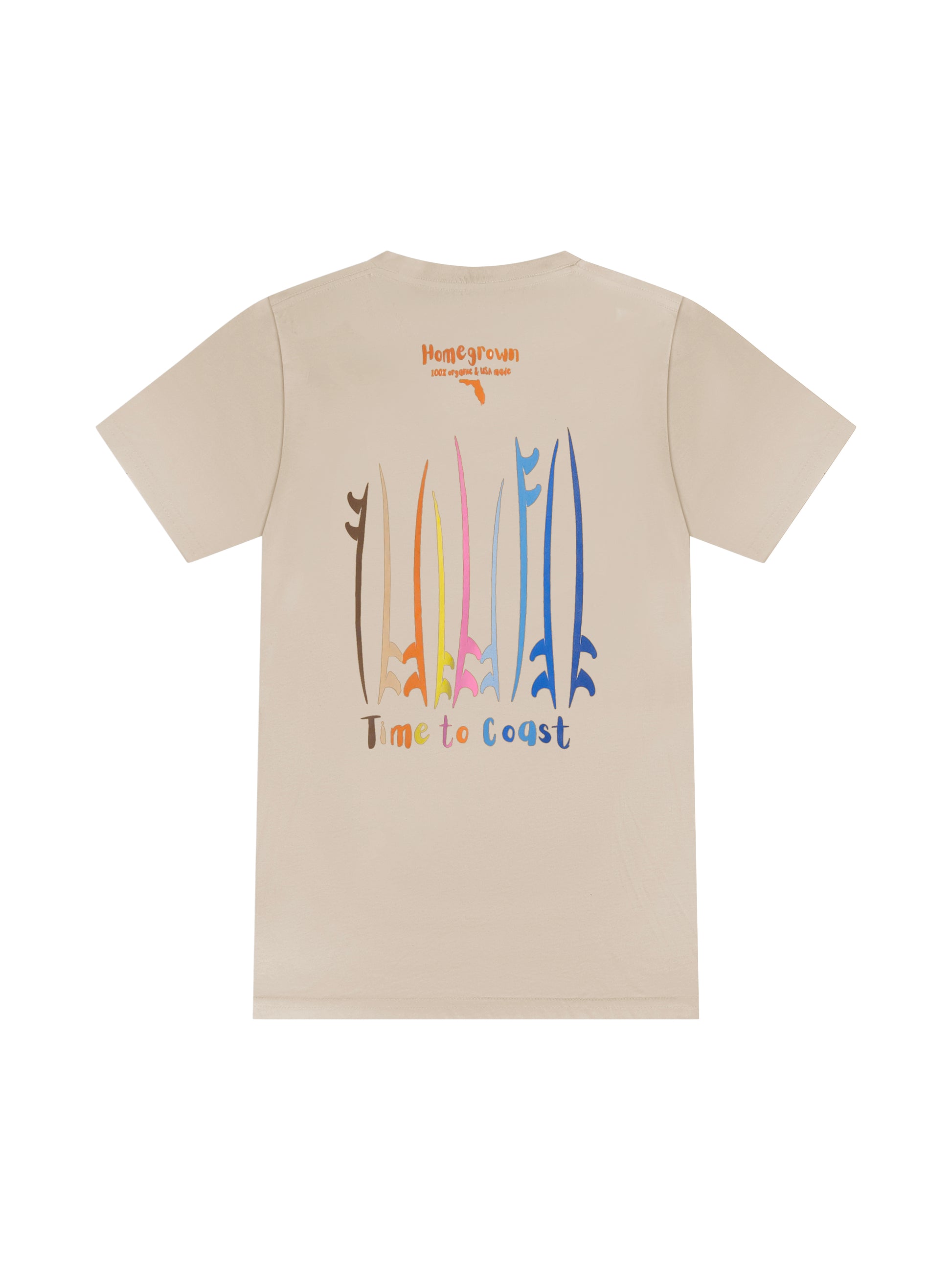 Sand or Creme, laydown of the back of the board meeting graphic tee. Showing the large back graphic with sup and surf boards. Unisex Homegrown organic cotton tee made in the USA.