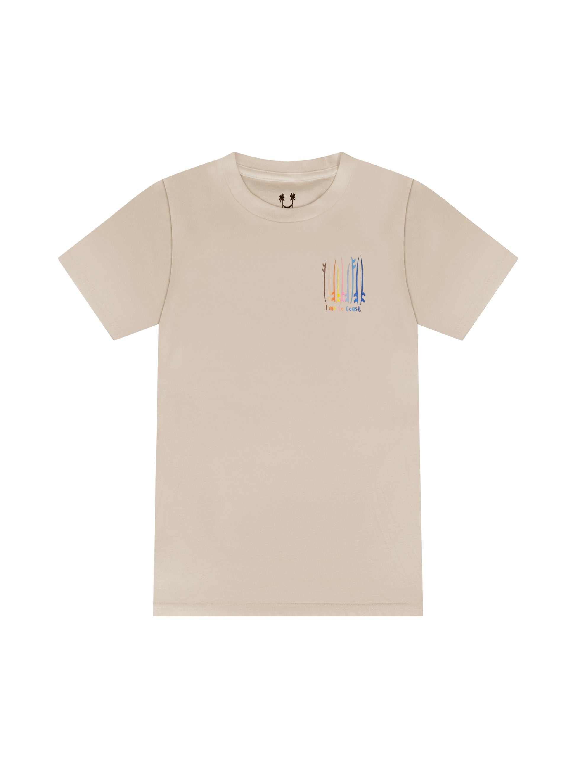 Creme laydown of a unisex  graphic  t-shirt in organic cotton made in USA. Homegrown t-shirt shown with left chest graphic multi color surf and sup boards with Time to Coast Logo.  