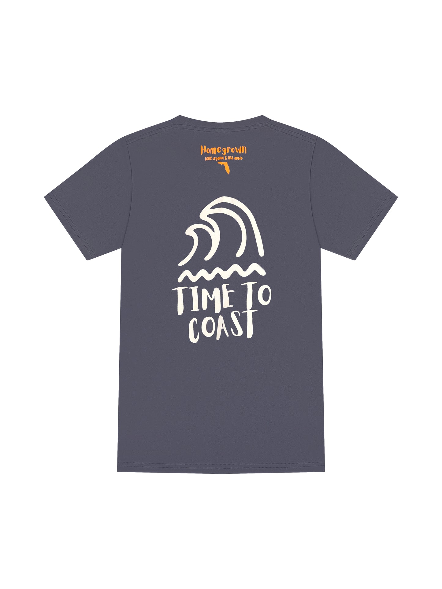 gray blue laydown of the back of the Swell wave graphic tee. Showing the large back graphic with surf waves in white and Time to Coast logo . Unisex Homegrown organic cotton tee made in the USA.