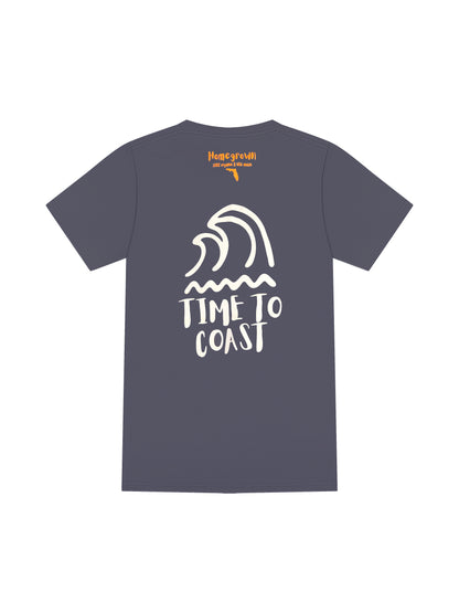 gray blue laydown of the back of the Swell wave graphic tee. Showing the large back graphic with surf waves in white and Time to Coast logo . Unisex Homegrown organic cotton tee made in the USA.