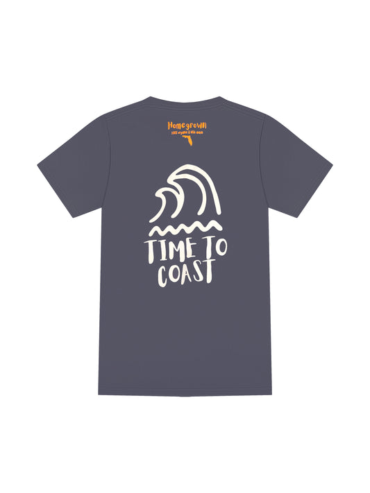 gray blue laydown of the back of the Swell wave graphic tee. Showing the large back graphic with surf waves in white and Time to Coast logo . Unisex Homegrown organic cotton tee made in the USA.