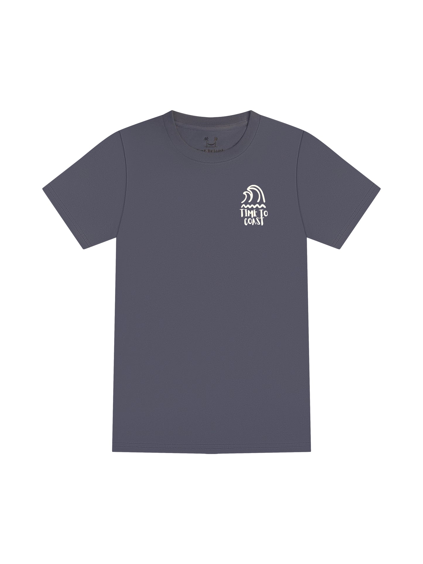 Gray blue laydown of a unisex  graphic  t-shirt in organic cotton made in USA. Homegrown t-shirt shown with left chest graphic with white colored swell surf waves and  Time to Coast Logo.  