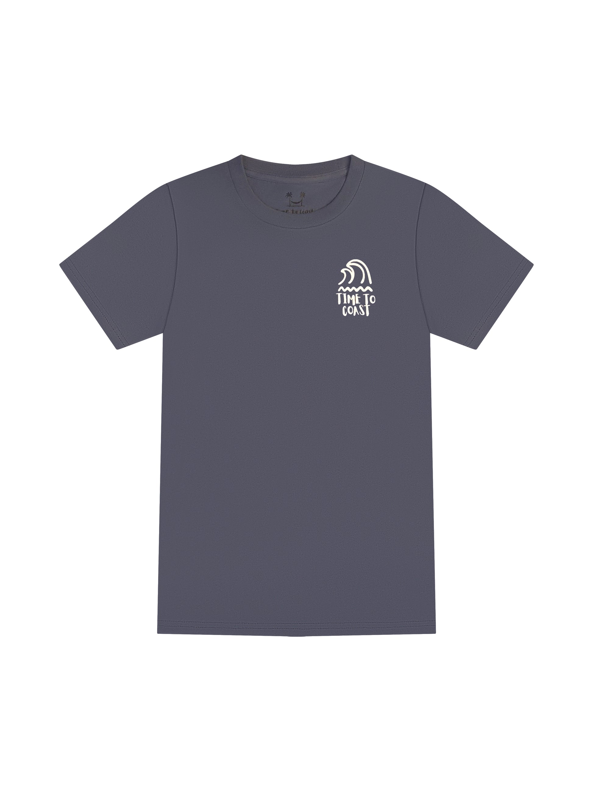 Gray blue laydown of a unisex  graphic  t-shirt in organic cotton made in USA. Homegrown t-shirt shown with left chest graphic with white colored swell surf waves and  Time to Coast Logo.  