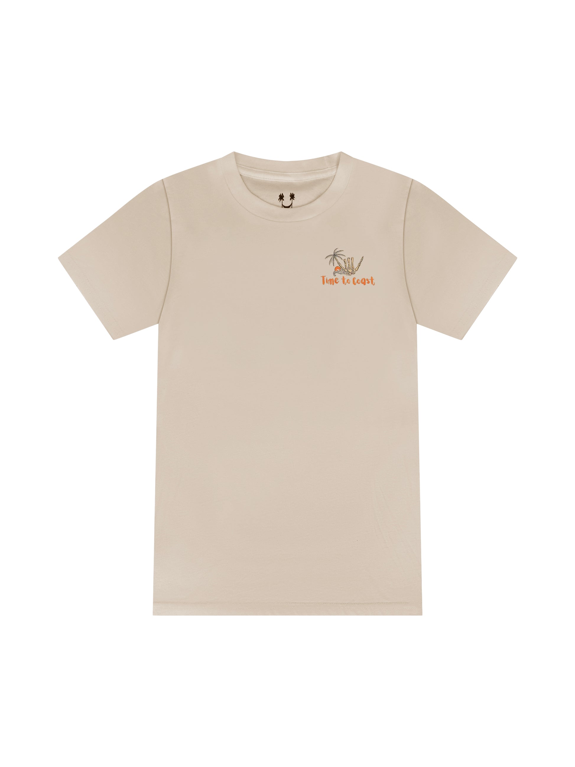 Creme laydown of a unisex  graphic  t-shirt in organic cotton made in USA. Homegrown t-shirt shown with left chest graphic with white shaka and  Time to Coast Logo.  