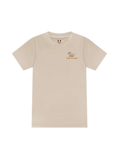 Creme laydown of a unisex  graphic  t-shirt in organic cotton made in USA. Homegrown t-shirt shown with left chest graphic with white shaka and  Time to Coast Logo.  