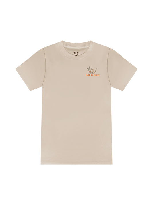 Creme laydown of a unisex  graphic  t-shirt in organic cotton made in USA. Homegrown t-shirt shown with left chest graphic with white shaka and  Time to Coast Logo.  