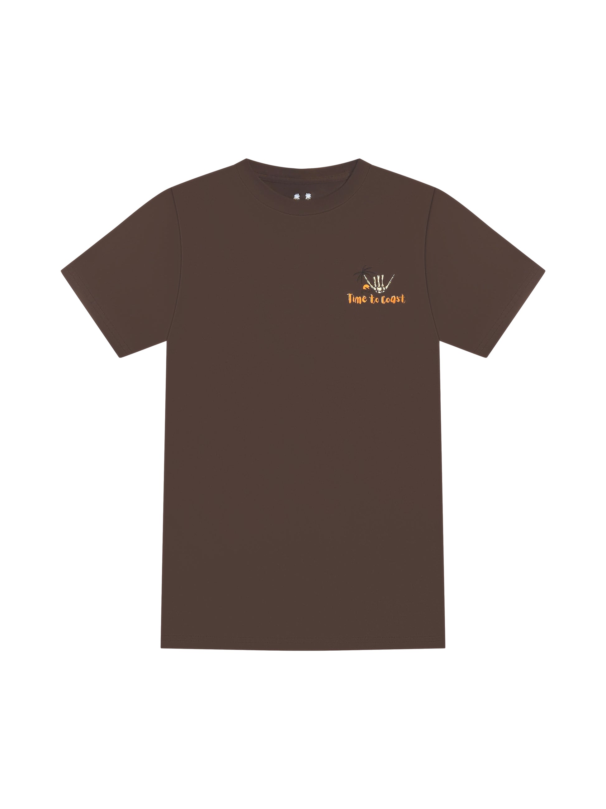 Bark or Brown laydown of a unisex  graphic  t-shirt in organic cotton made in USA. Homegrown t-shirt shown with left chest graphic with white shaka and  Time to Coast Logo.  