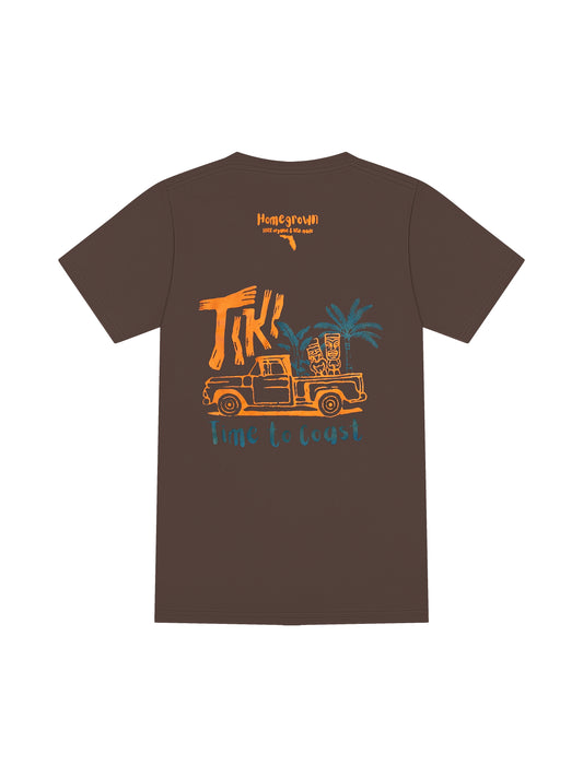 Bark or brown laydown of the back of  the unisex graphic  t-shirt in organic cotton made in USA. Homegrown t-shirt shown with colorful back graphic of a Tiki Truck and Time to Coast Logo