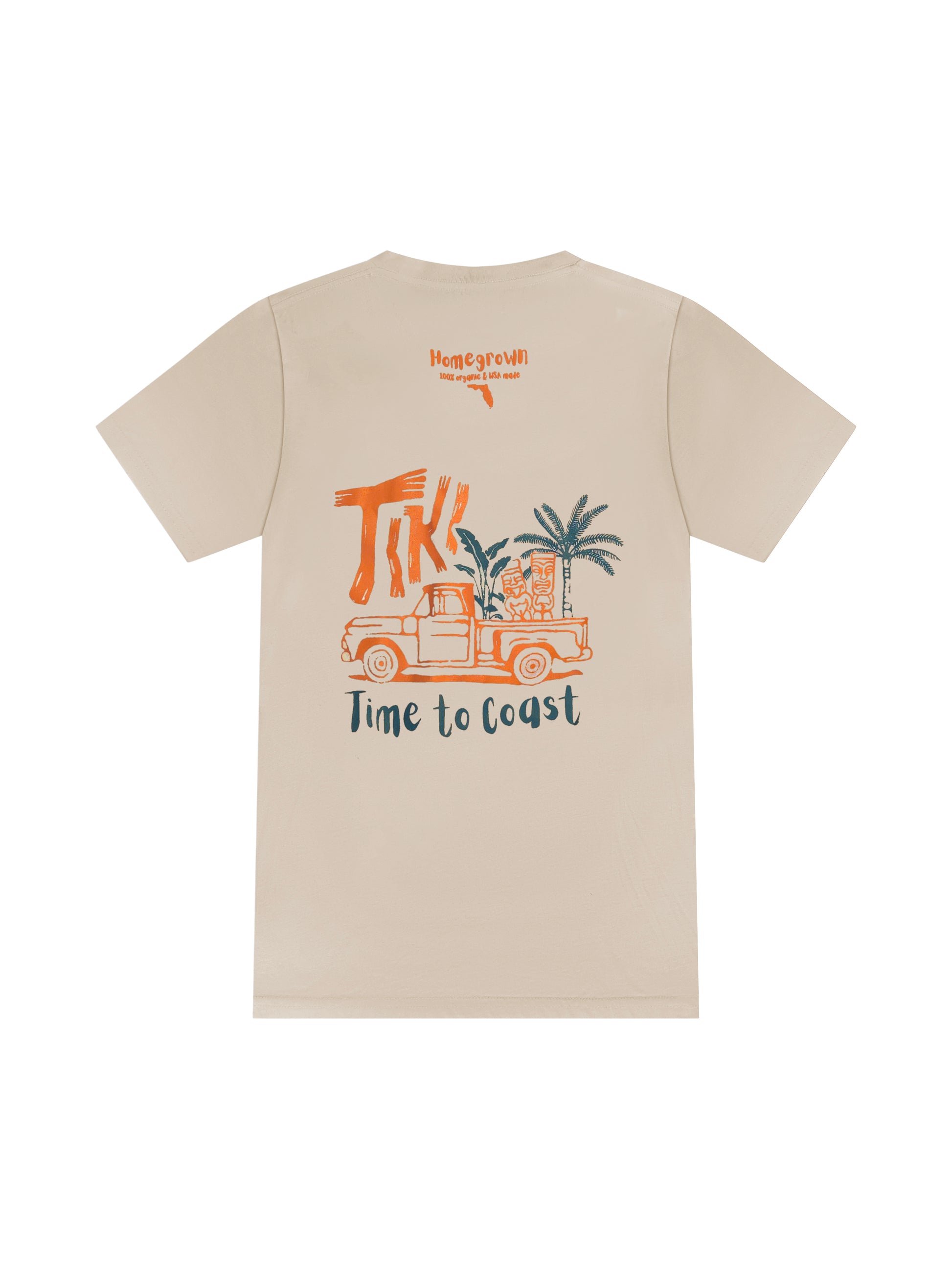 creme colored laydown of a unisex  graphic t-shirt in organic cotton made in USA. Homegrown t-shirt shown with colorful back graphic of a Tiki Truck and Time to Coast Logo