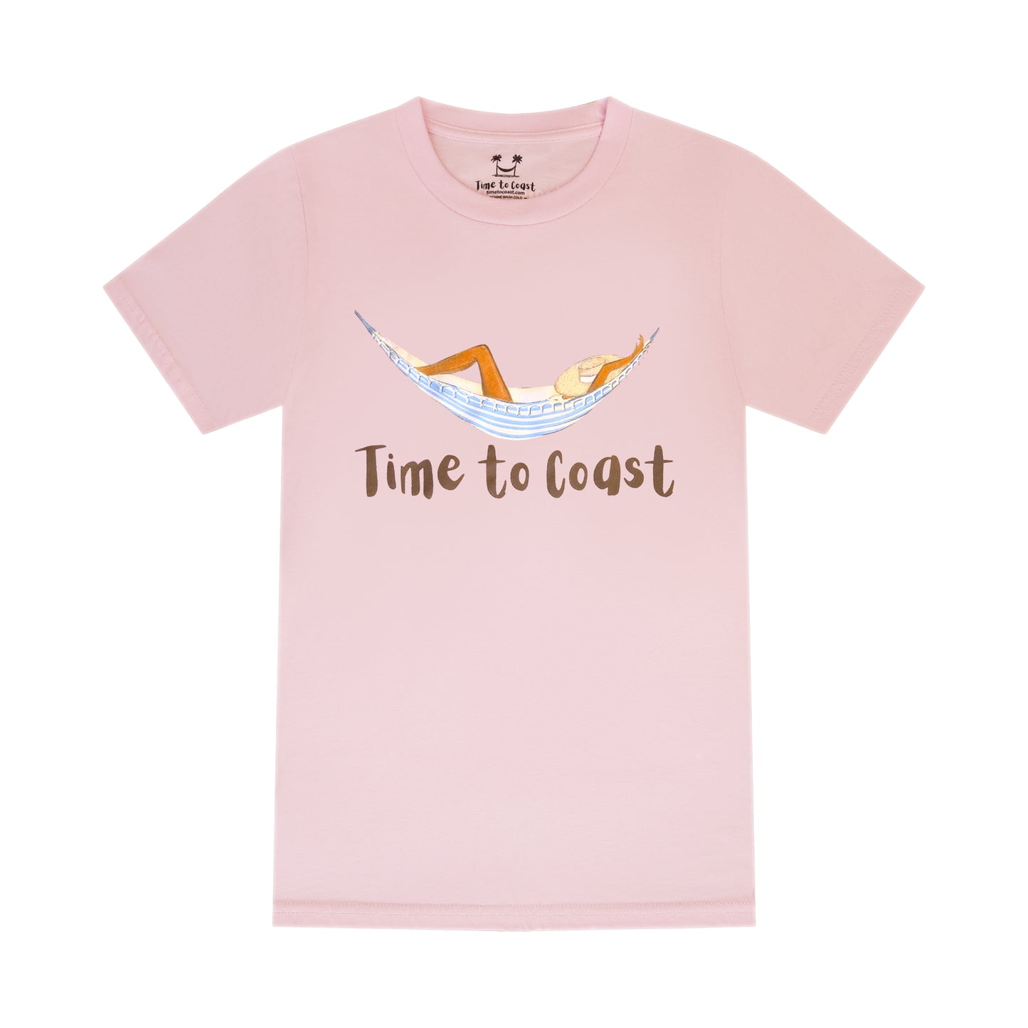 Light pink laydown of  a woman's  t-shirt in organic cotton made in USA. Homegrown t-shirt with a large front graphic of a woman in a hammock, just chillin and a Time to Coast Logo. 