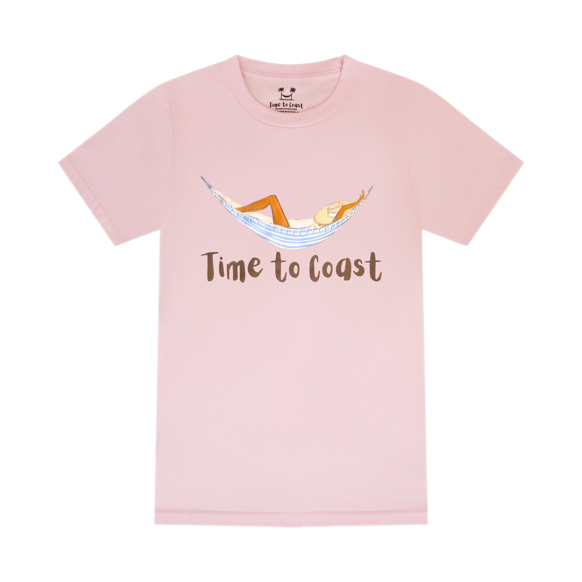 Light pink laydown of  a woman's  t-shirt in organic cotton made in USA. Homegrown t-shirt with a large front graphic of a woman in a hammock, just chillin and a Time to Coast Logo. 