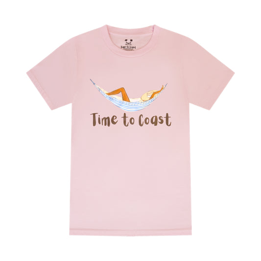Light pink laydown of  a woman's  t-shirt in organic cotton made in USA. Homegrown t-shirt with a large front graphic of a woman in a hammock, just chillin and a Time to Coast Logo. 