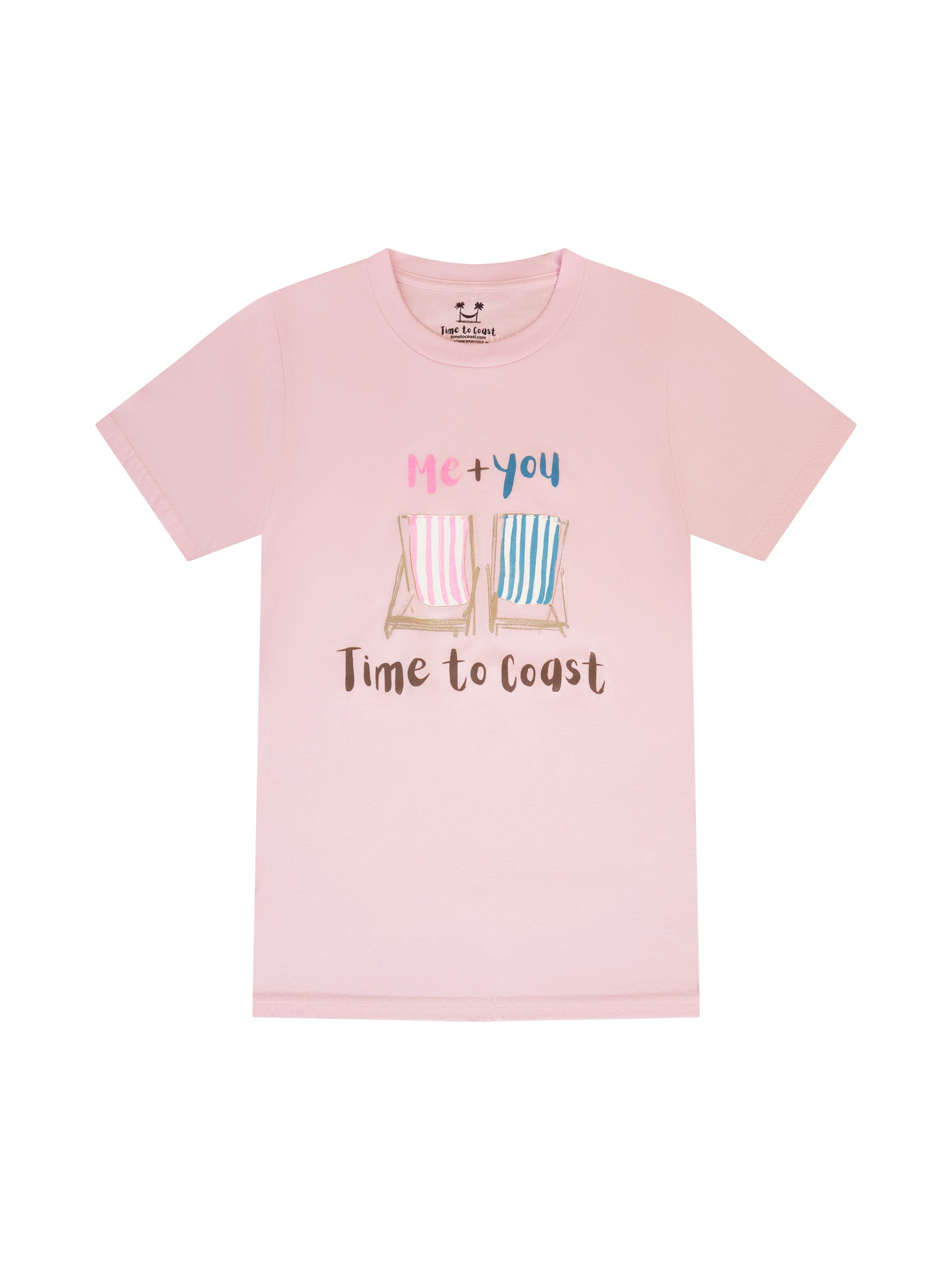 Light pink laydown of  a woman's  t-shirt in organic cotton made in USA. Homegrown t-shirt with a large front graphic of 2 beach chairs, one pink other light blue with Me + You saying and Time to Coast Logo.