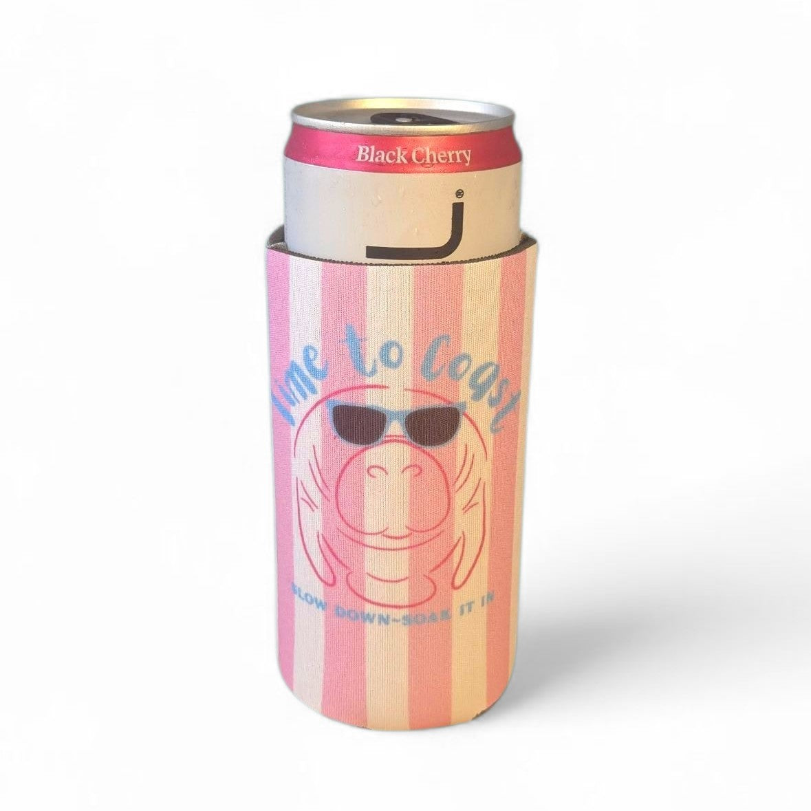 Single picture of a neoprene slim coozie with a graphic of a manatee wearing sunglasses in pink