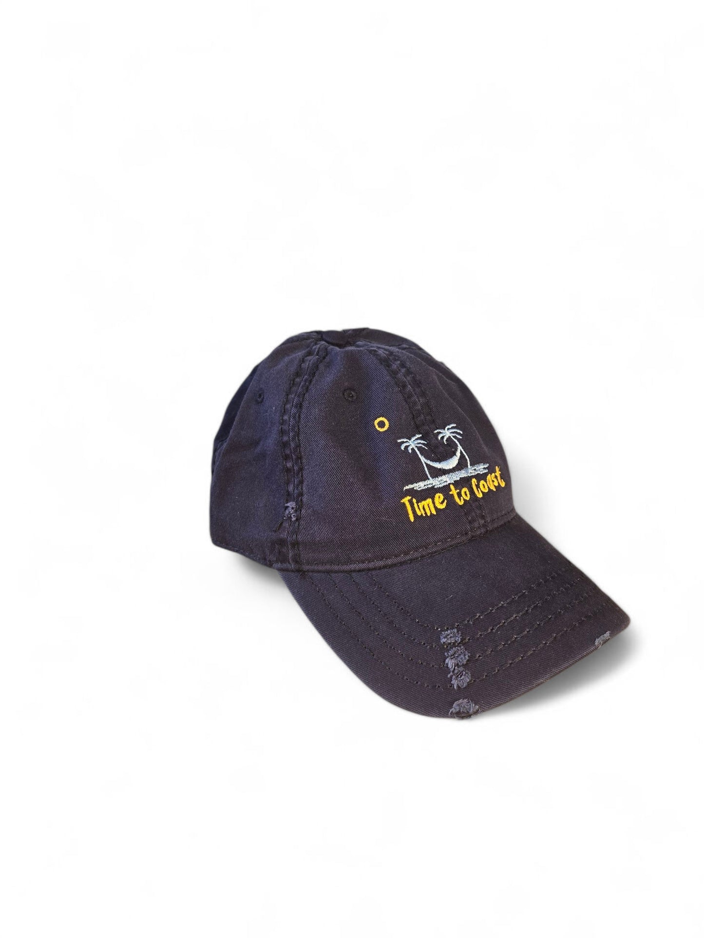 Front laydown the Time to Coast distressed dad hat in navy.  Embroidered graphic of the Time to Coast palm tree logo in light blue, yellow time to coast and sun.