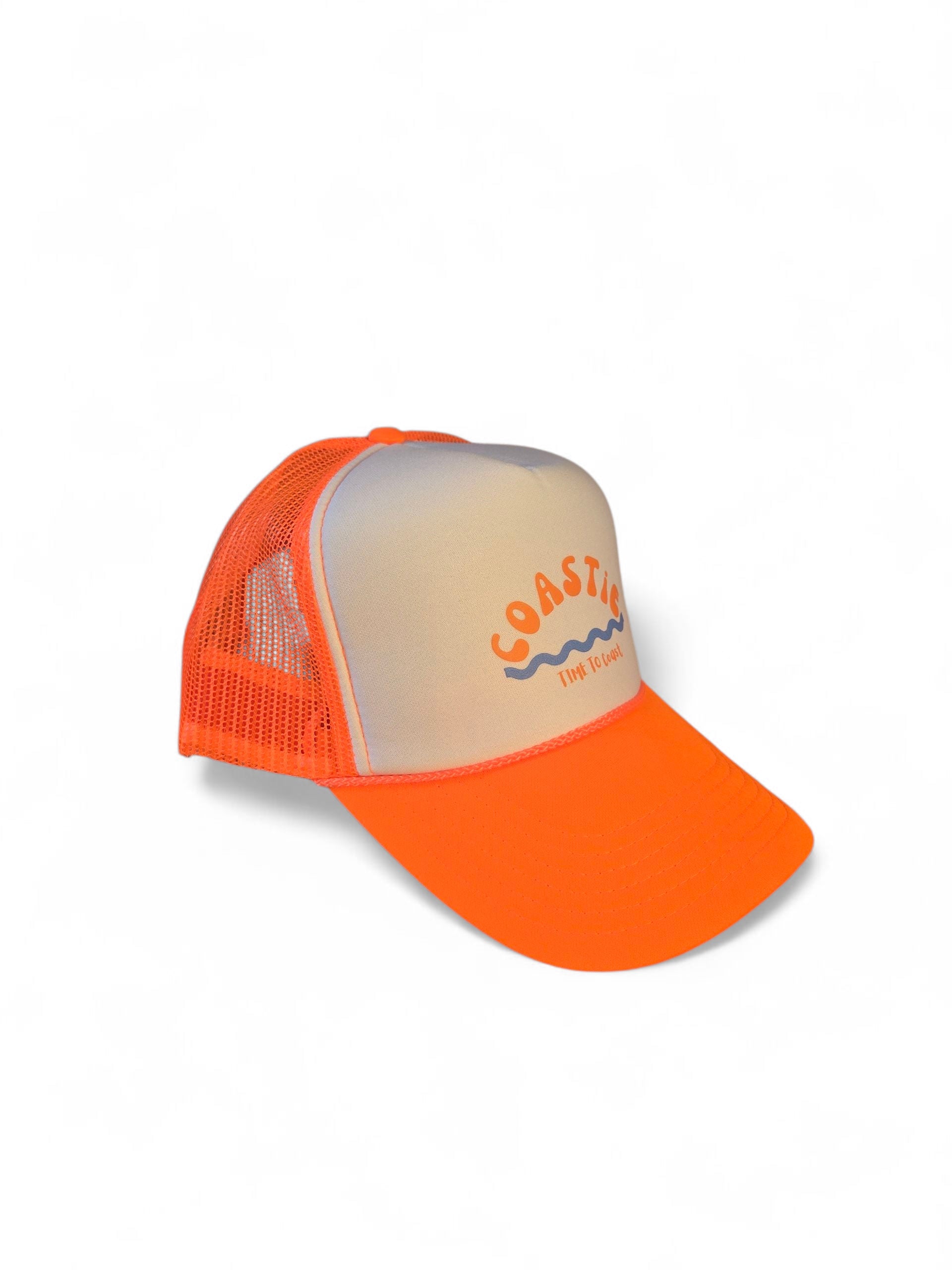 Side view laydown of a foam high profile trucker hat.  Graphic is printed with Time to Coast Coastie with waves. Hat color is bright orange bill and mesh back with white front. 