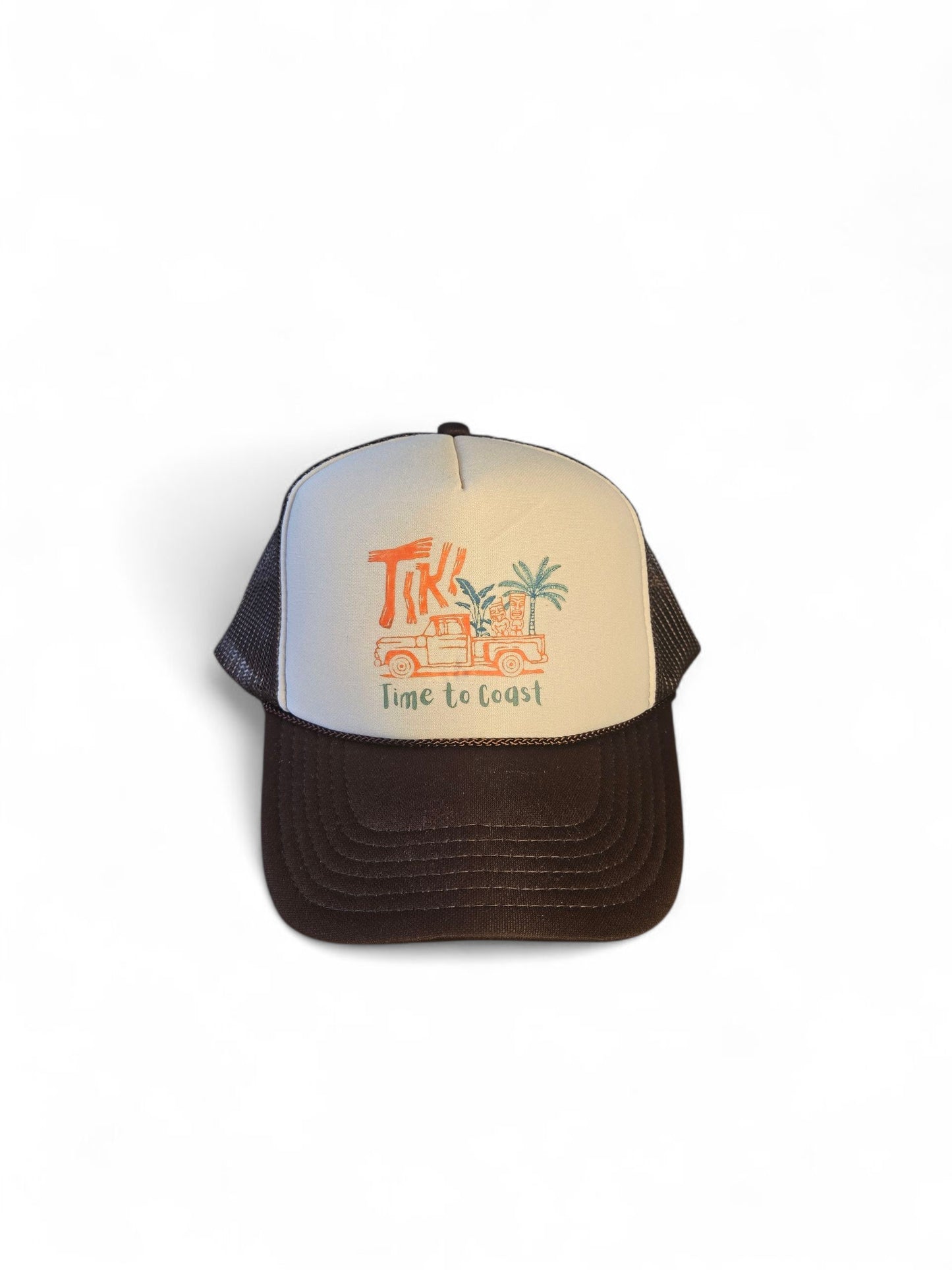 Laydown of a foam high profile trucker hat.  Graphic is printed with Time to Coast Tiki Truck. Hat color is beige and brown with a brown mesh back.