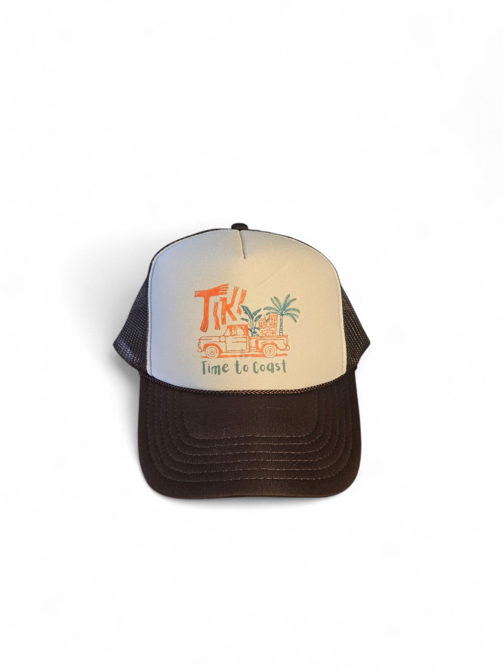 Laydown of a foam high profile trucker hat.  Graphic is printed with Time to Coast Tiki Truck. Hat color is beige and brown with a brown mesh back.