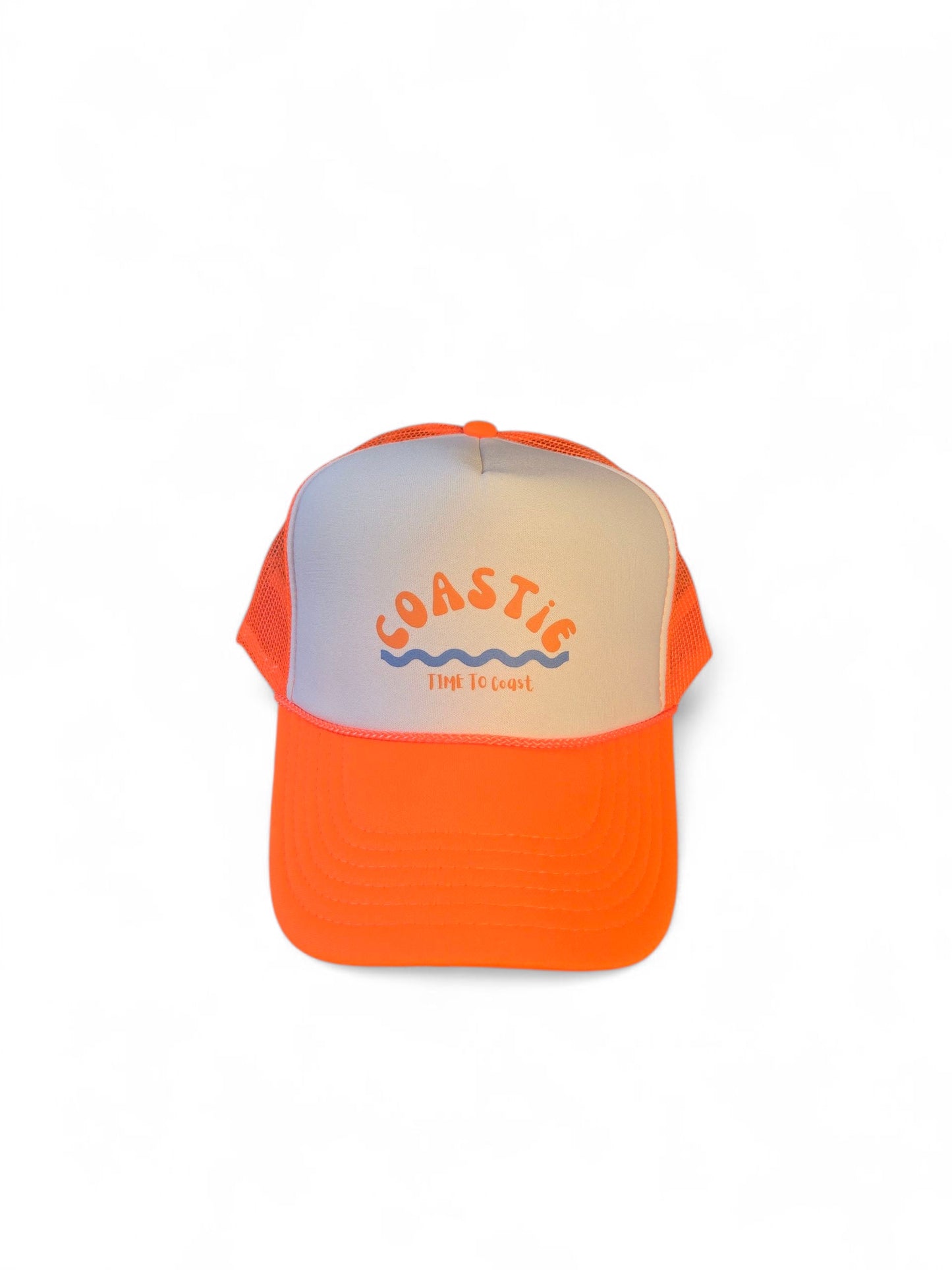 Laydown of a foam high profile trucker hat.  Graphic is printed with Time to Coast Coastie with waves. Hat color is bright orange bill and mesh back with white front. 