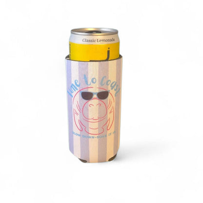 Single picture of a neoprene slim coozie with a graphic of a manatee wearing sunglasses in lilac