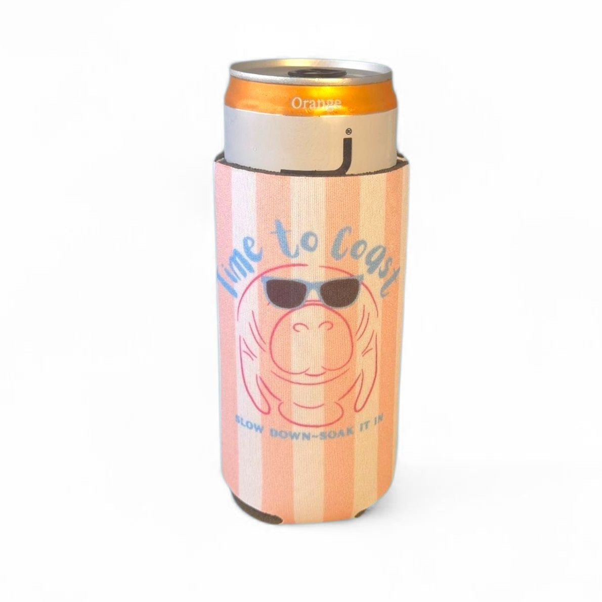 Single picture of a neoprene slim coozie with a graphic of a manatee wearing sunglasses in orange